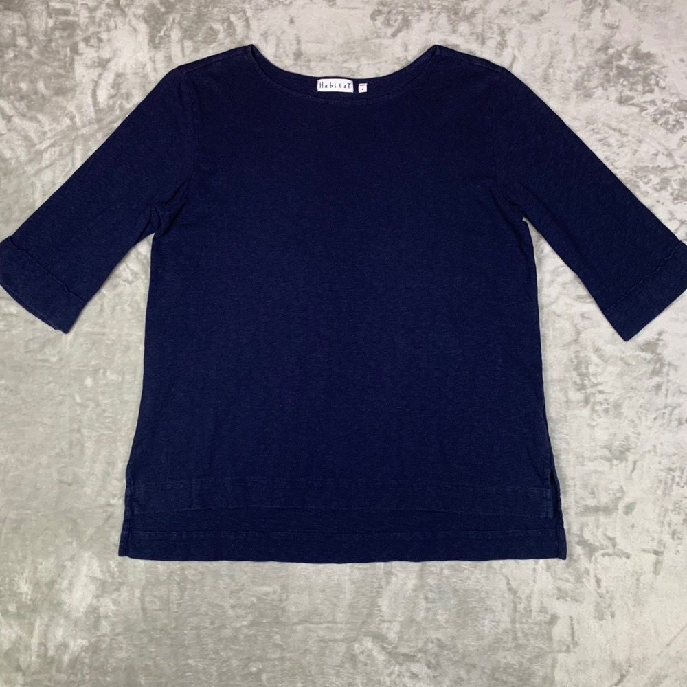 Habitat Cotton Slub Knit 3/4 Sleeve Boat Neck Top Shirt Womens S Navy Lagenlook